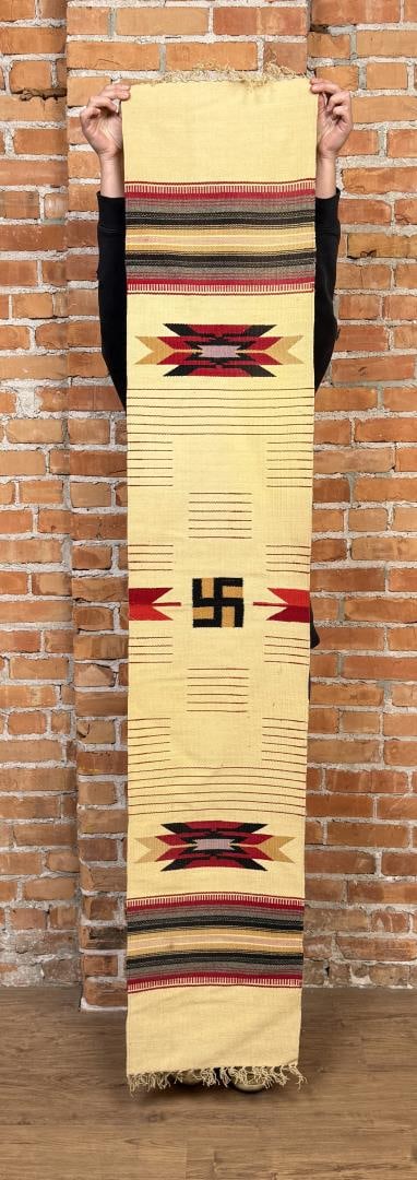 Whirling Log Chimayo Native American Indian Rug: Whirling Log Pattern. 14 1/2" wide by 77" long not including fringe.