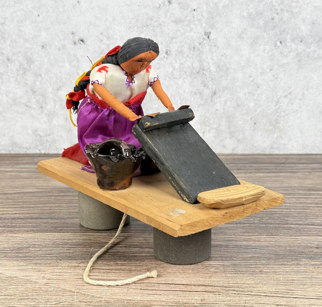 Metate Mexican Pull String Doll: 7 1/8" by 4 1/8" by 3 7/8"