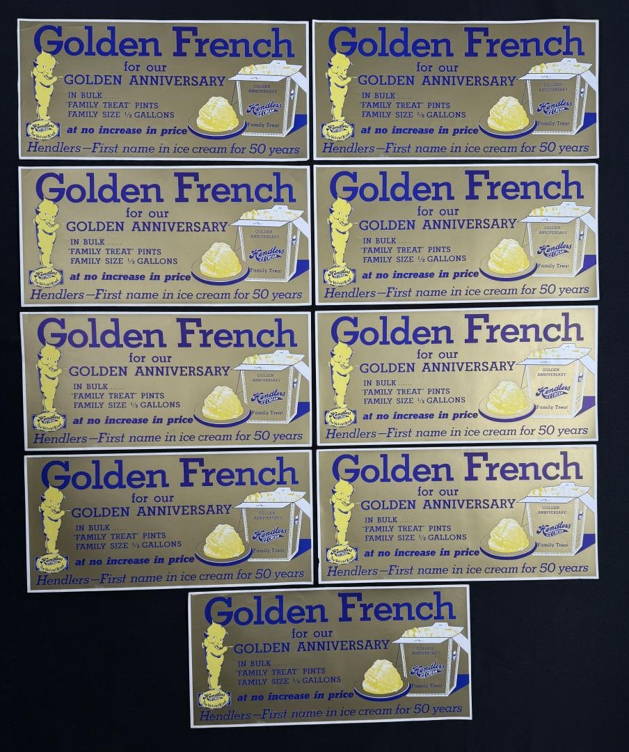 Hendlers Golden French Ice Cream Signs: 9 1/4" by 19 1/4"