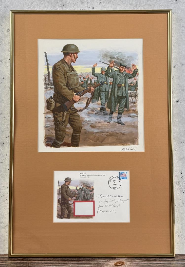 Edward Vebell Alvin York Watercolor Painting: Illustrated on America's Patriotic Heroes First Day Cove. 10" by 11" unframed. 16" by 24" framed. Watercolor on Board. Edward T. Vebell (1921 - 2018) was active/lived in Illinois. Edward Vebell is