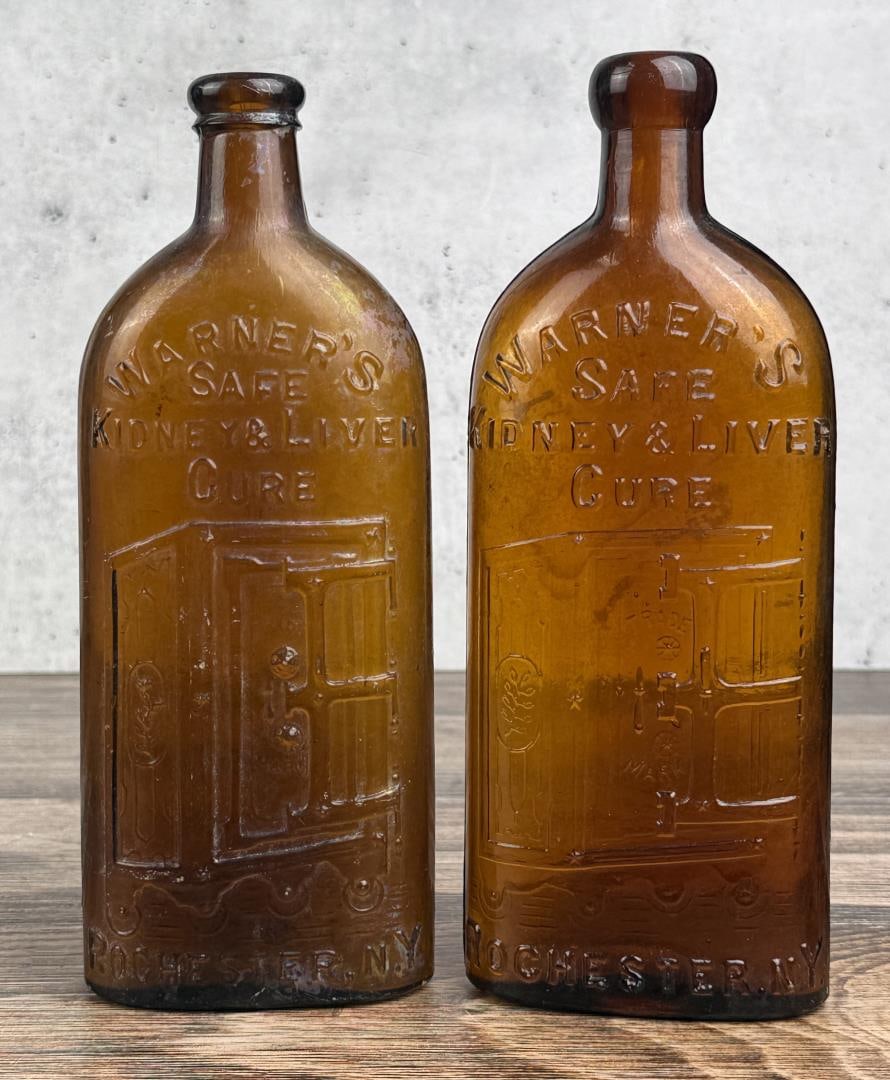 Warner's Safe Kidney & Liver Cure Bottles: Two different top variants. Largest is 9 1/4" tall.