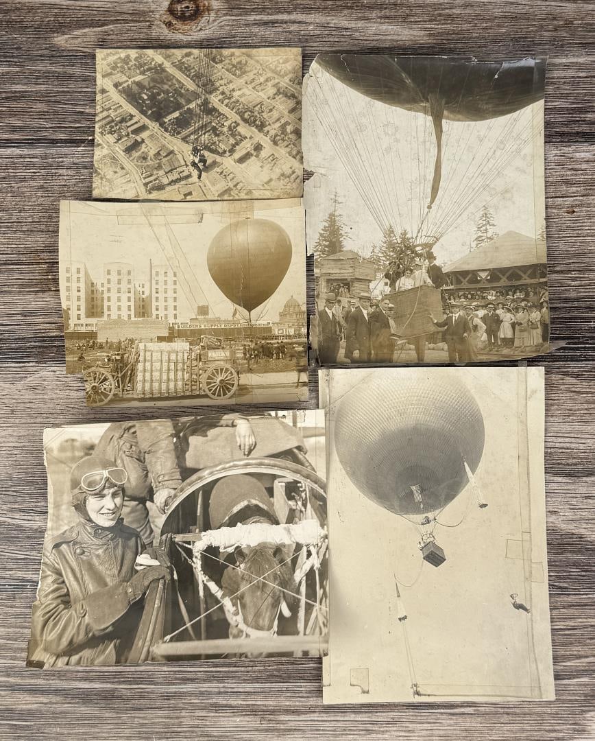 San Francisco California Balloon Aviation Photos: Also includes an image of a woman with a horse in a Biplane. Largest is 6 1/4" by 9 1/8"