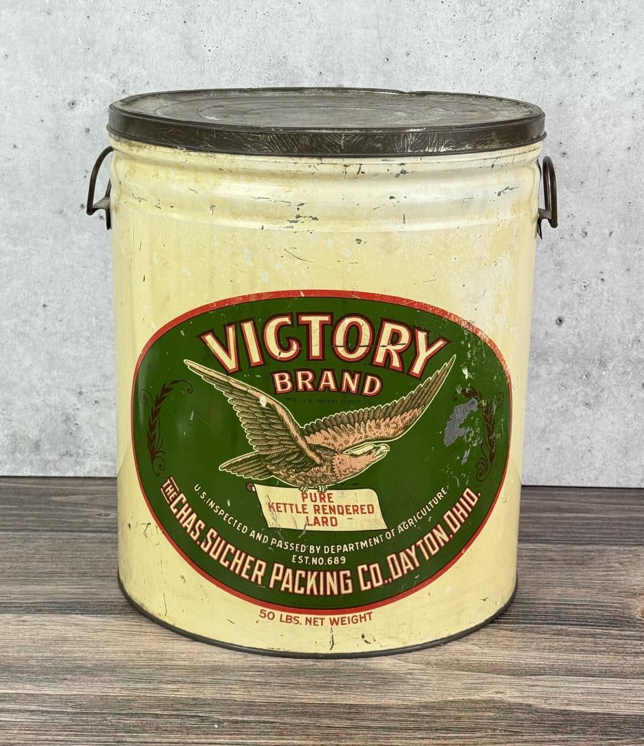 Victory Brand Ohio 50lb Lard Tin Can: 14 1/2" tall, 12 1/2" diameter.
