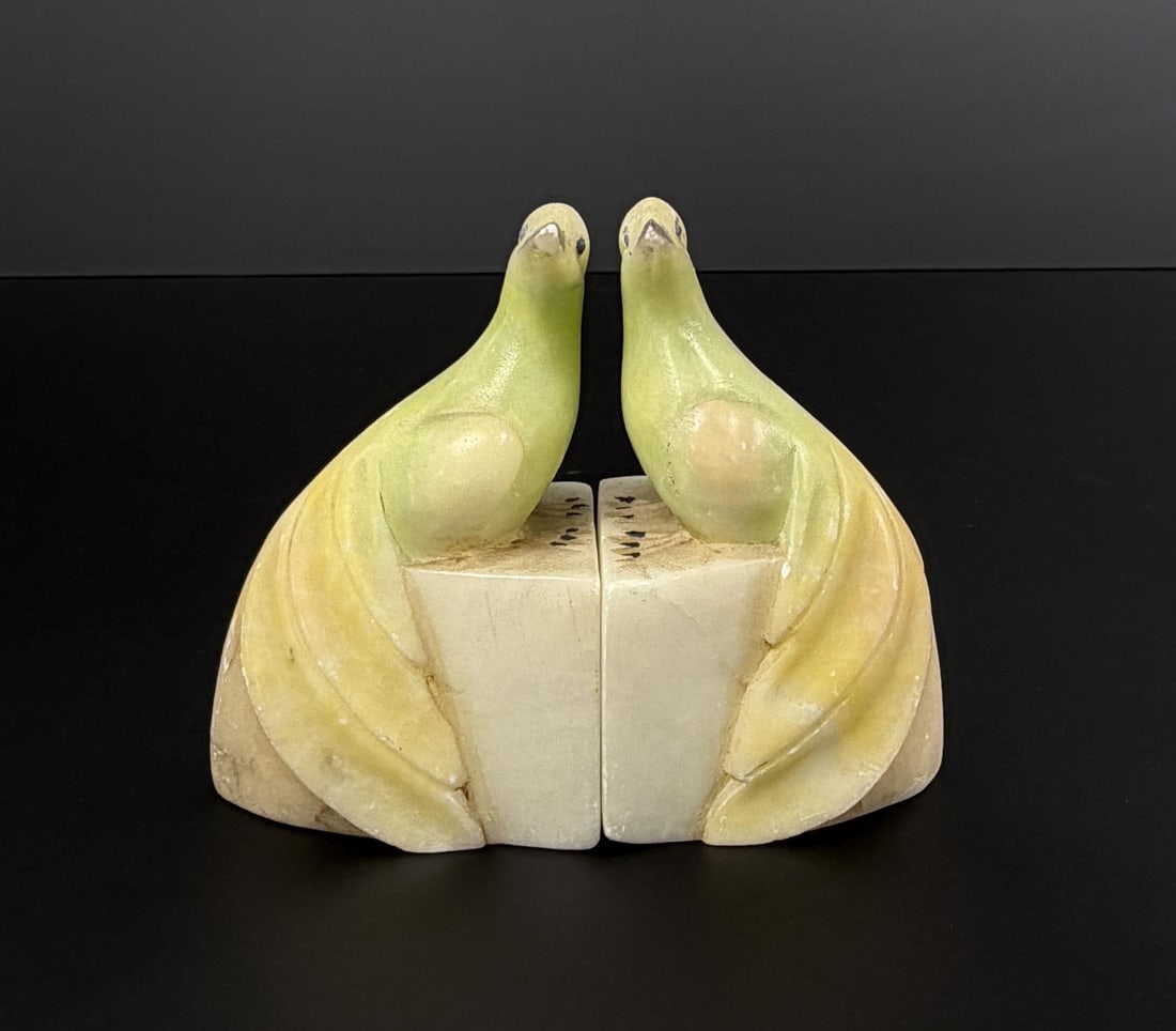 Art Deco Italian Alabaster Bird Bookends: One has a label from Bigwin Inn. Bigwin Inn was a premier, luxurious summer resort on Lake of Bays in Muskoka, Ontario, operating from the 1920s to 1966 as a renowned destination for the elite. 3