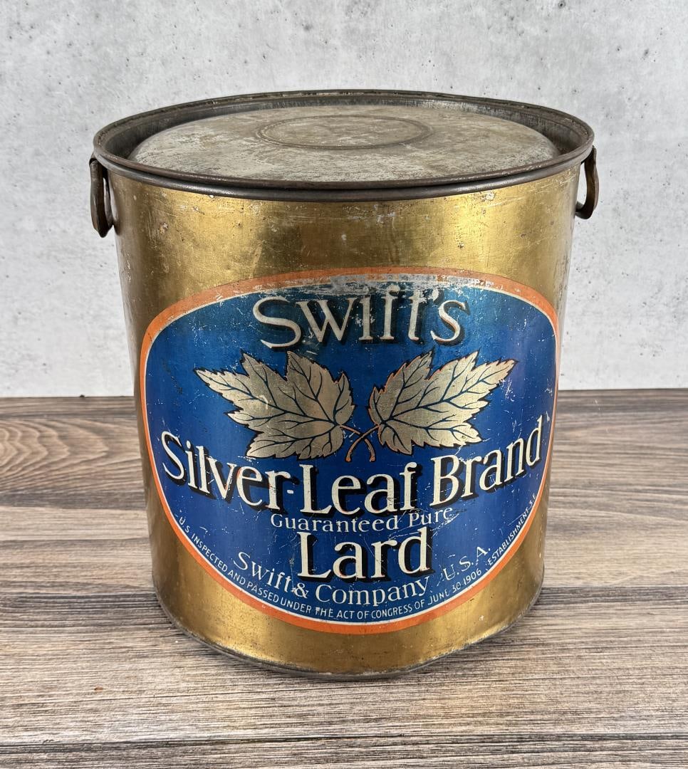 Swift's Silver Leaf Brand Lard Tin Can: 13 1/2" diameter, 12 3/4" tall.
