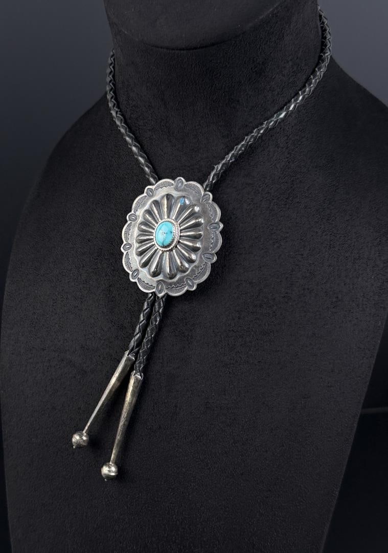 Navajo Sterling Silver Turquoise Bolo Tie: 18 5/8" long overall.