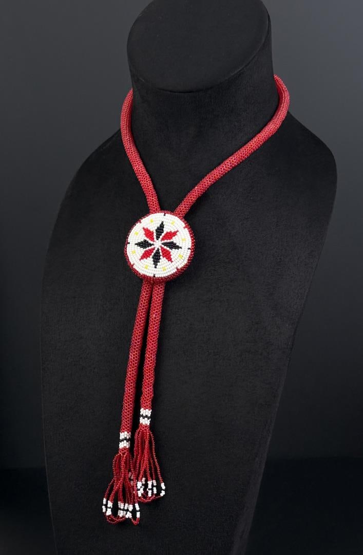 Blackfoot Native American Indian Beaded Bolo Tie: 16 1/4" long as displayed.