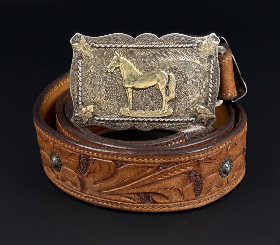 Keyston Sterling Silver 14k Cowboy Belt Buckle: Belt is size 36. Keyston Bros San Francisco California Sterling and 14k Gold. Sterling Pieces weigh 97 grams.