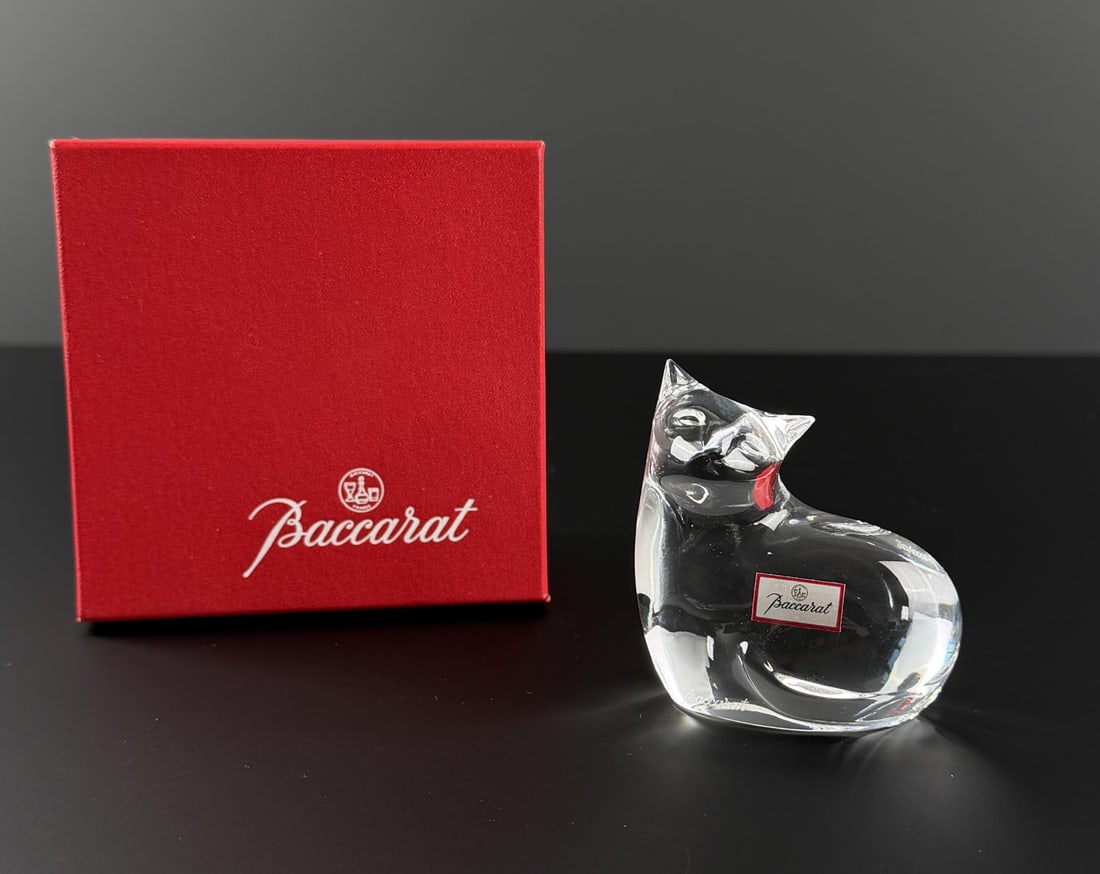 Baccarat Crystal Cat Paperweight: Nice example in box. 2 1/2" by 2 1/2" by 1 1/2".