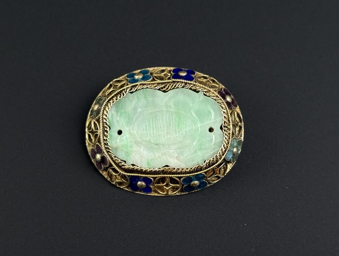 Antique Chinese Silver Jade Cloisonne Brooch (1 of 4)