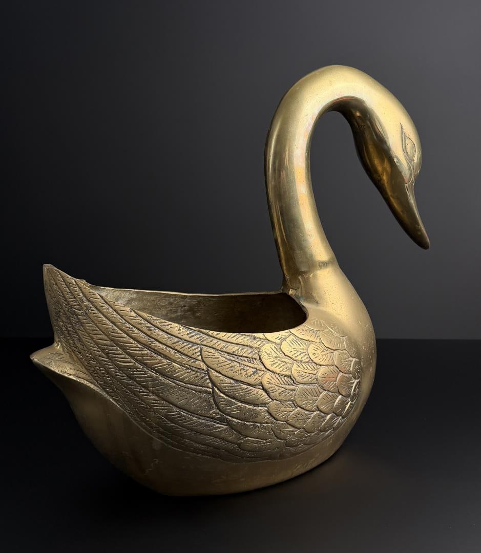 Mid Century Brass Swan Planter: 16 1/4" by 14 1/2" by 7 5/8".