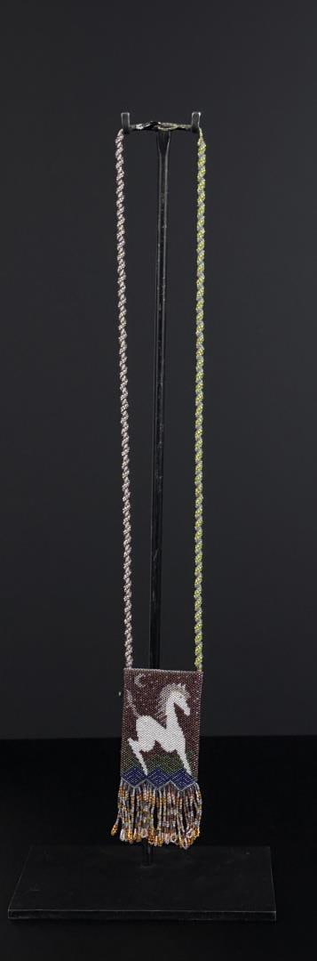 Native American Indian Beaded Medicine Bag: 19 7/8" by 2 1/4" as displayed.