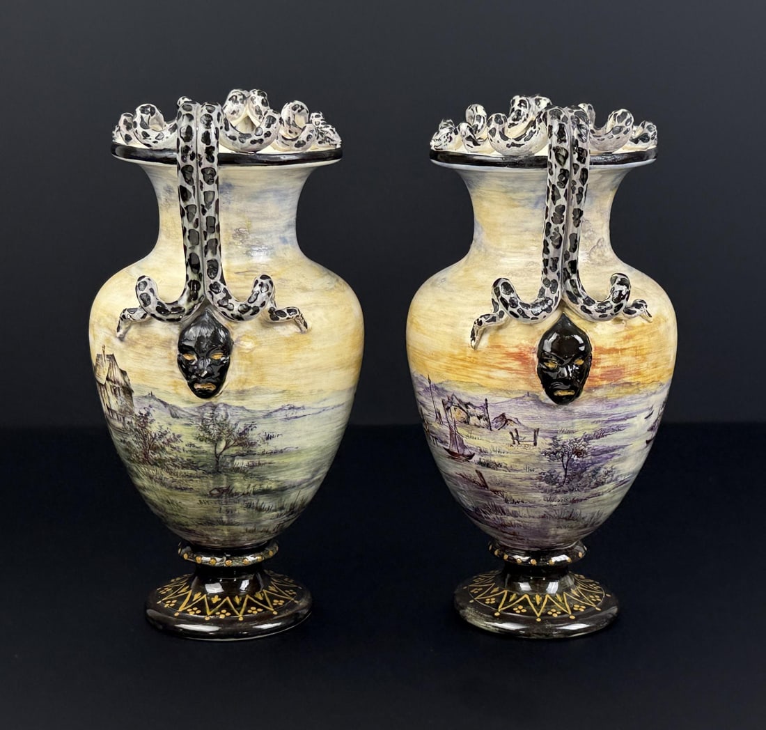 Renaissance Urbino Majolica Snake Handle Vases: Possibly the work of Carlo Ginori. 10 1/4" by 5 3/4" by 5 1/4". Some loss as shown, unrestored. Rare to find a matching set from this time period.