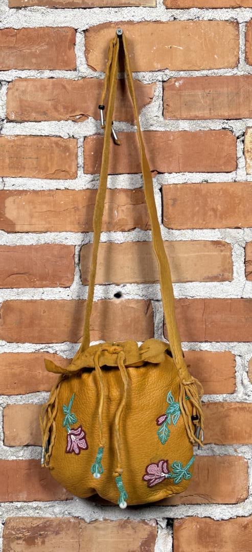 Native American Indian Beaded Leather Purse Bag: 9 5/8" Long by 8 1/2" Wide Including Fringe.