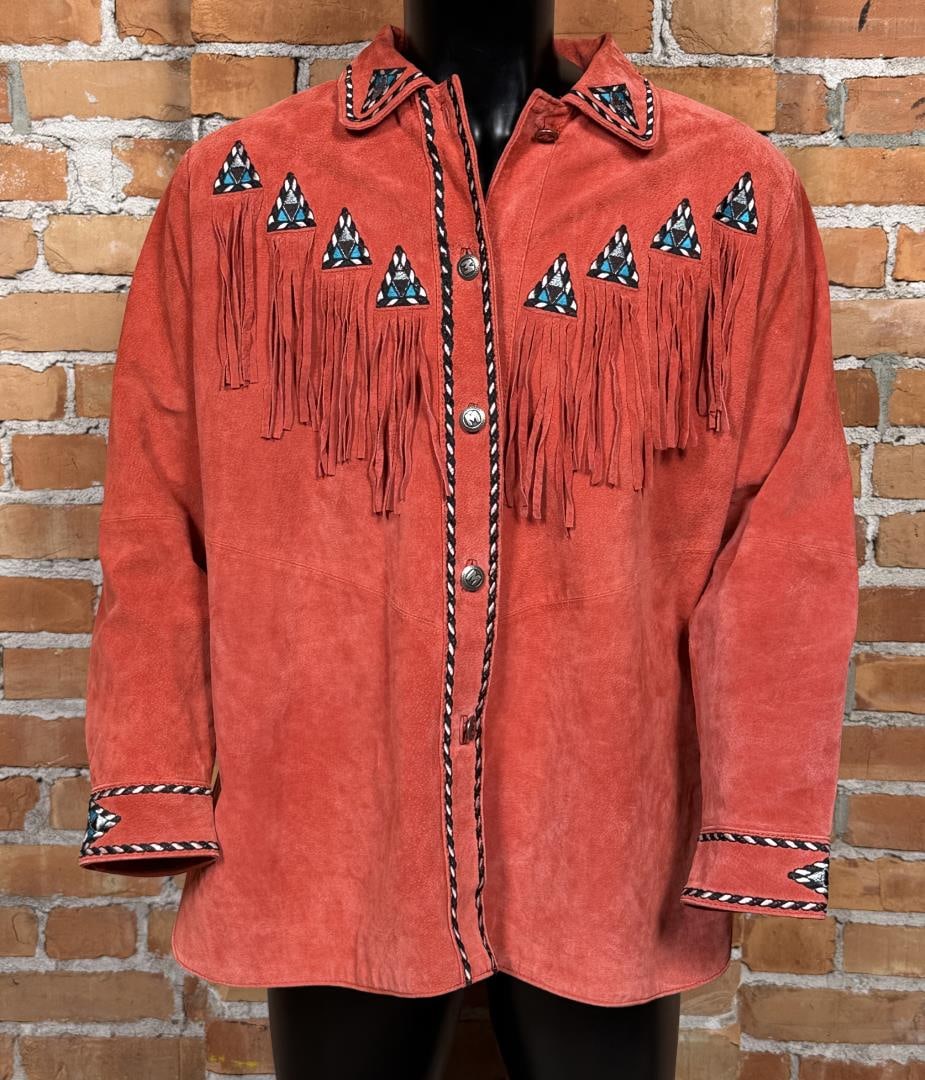 Bob Mackie Suede Leather Fringe Embroidered Jacket: Size XL.