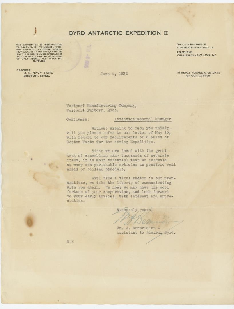 Byrd Antarctic Expedition II Letter (1 of 8)