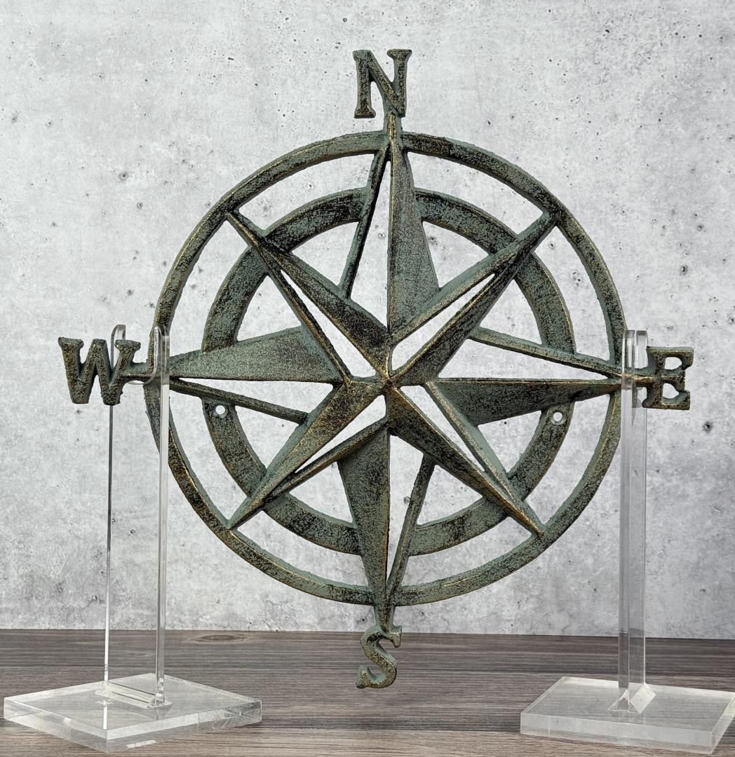 Rustic Cast Iron Nautical Compass Wall Sculpture: 11" in diameter.