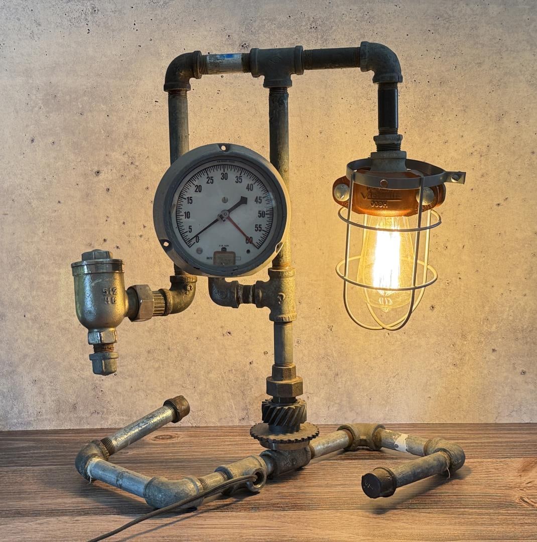 Industrial Found Object Pipe Fitting Lamp: 18 3/4" by 17 3/8" by 9 1/4"