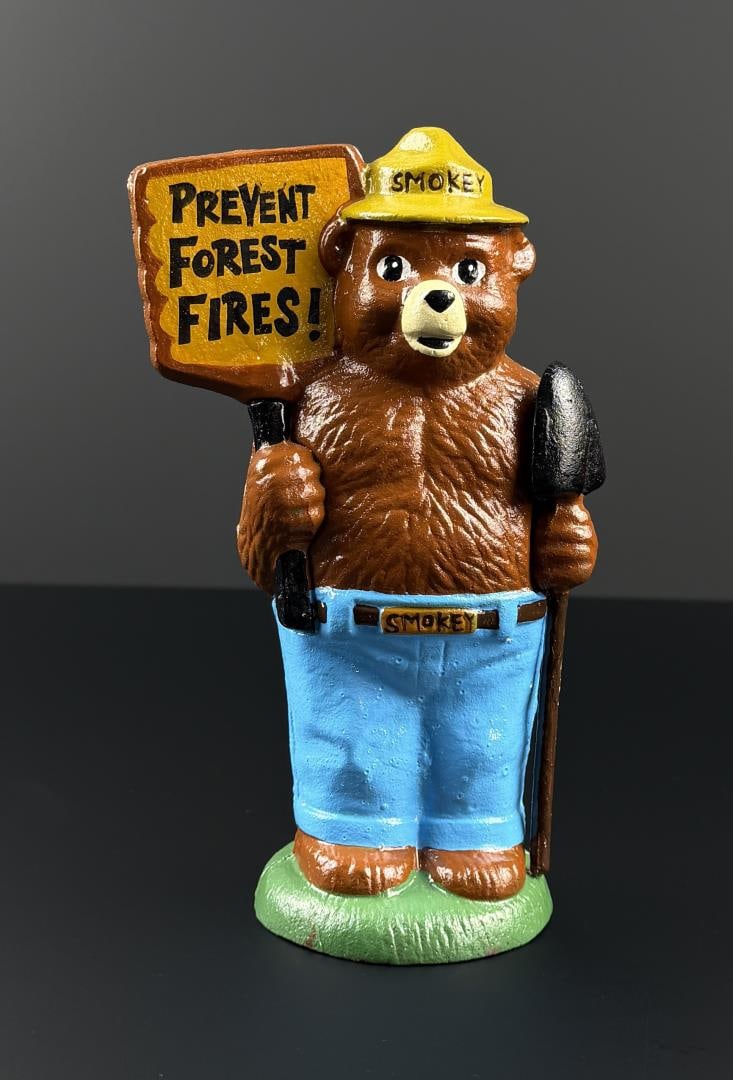USFS Forest Service Smokey Bear Cast Iron Bank: 7 7/8" tall. Contemporary manufacture.