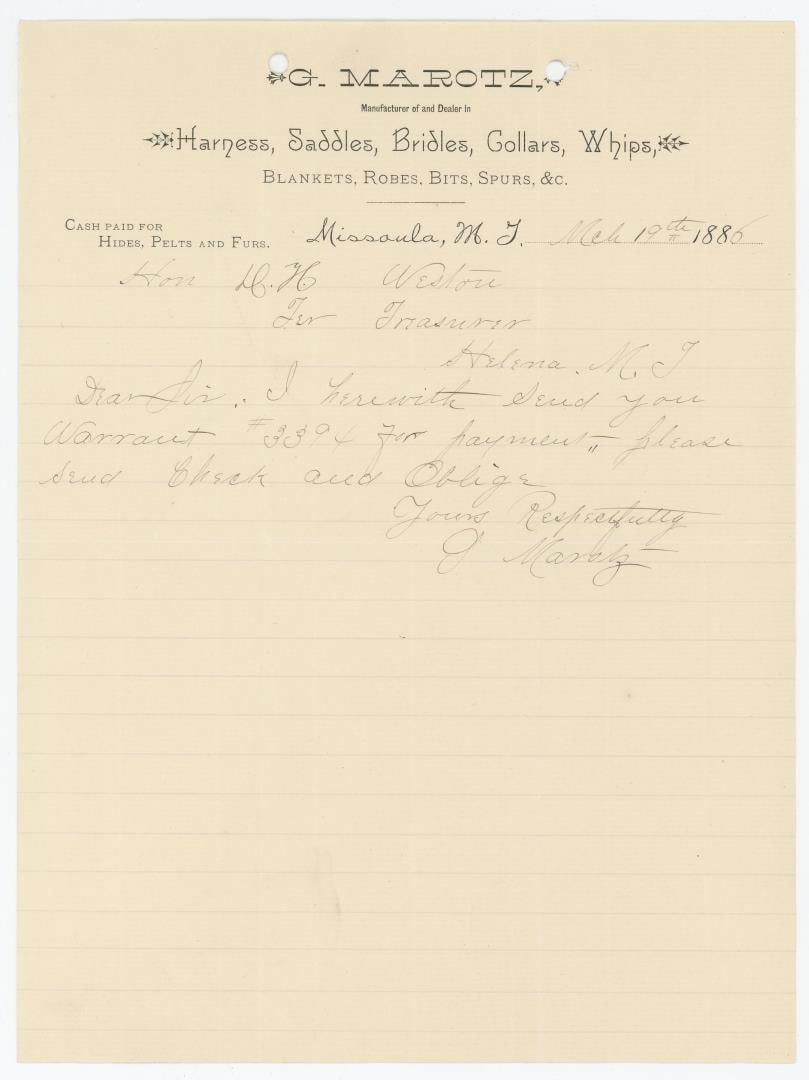 Missoula Montana Territory Marotz Billhead: G. Marotz Harness Bridles Collars Whips.