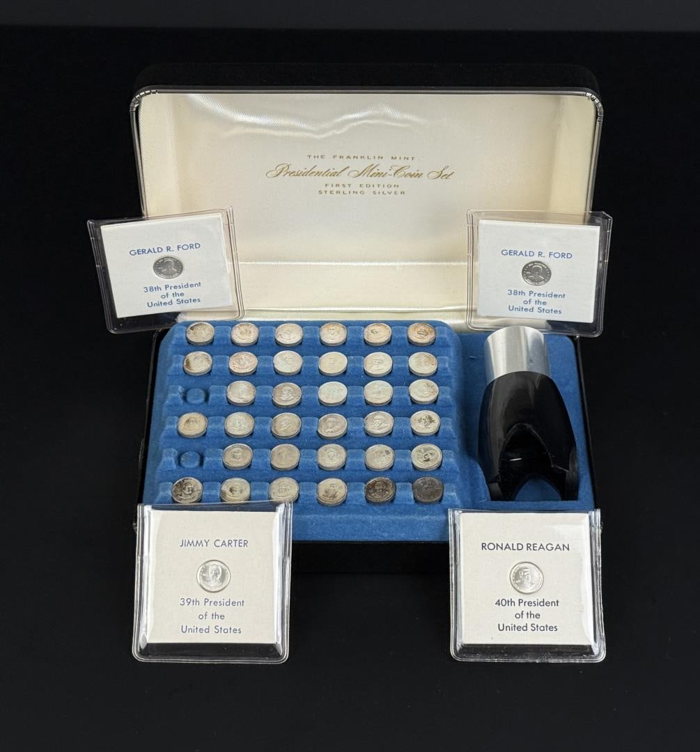 Franklin Mint Sterling Silver Mini Coin Set: Presidential series. With magnifying loop.