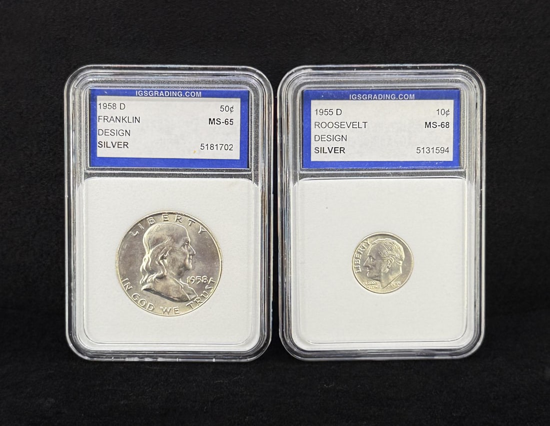 Graded US Silver Franklin and Roosevelt Coins: Nice lot of 2.