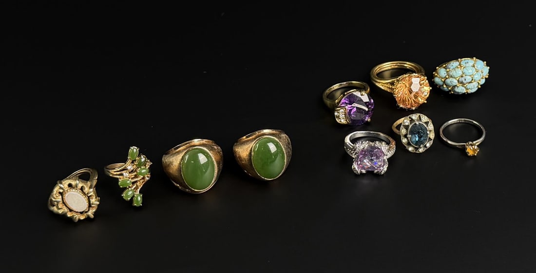 Collection of Costume Jewelry and Jadeite Rings: Nice grouping. Two of the Jade rings are Gold Plated Sterling Silver.