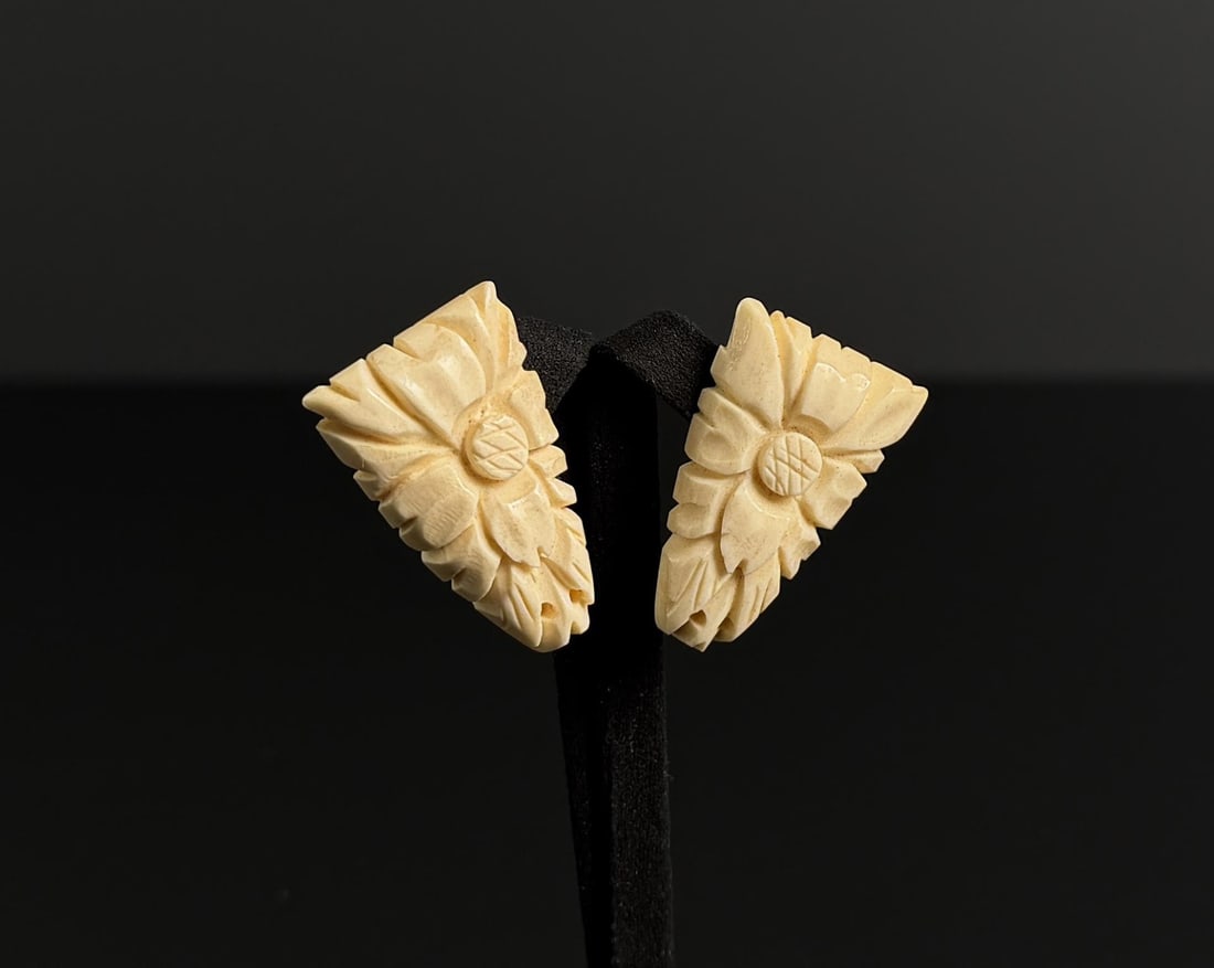 Art Deco Japanese Carved Celluloid Earrings: 1 1/4" long.