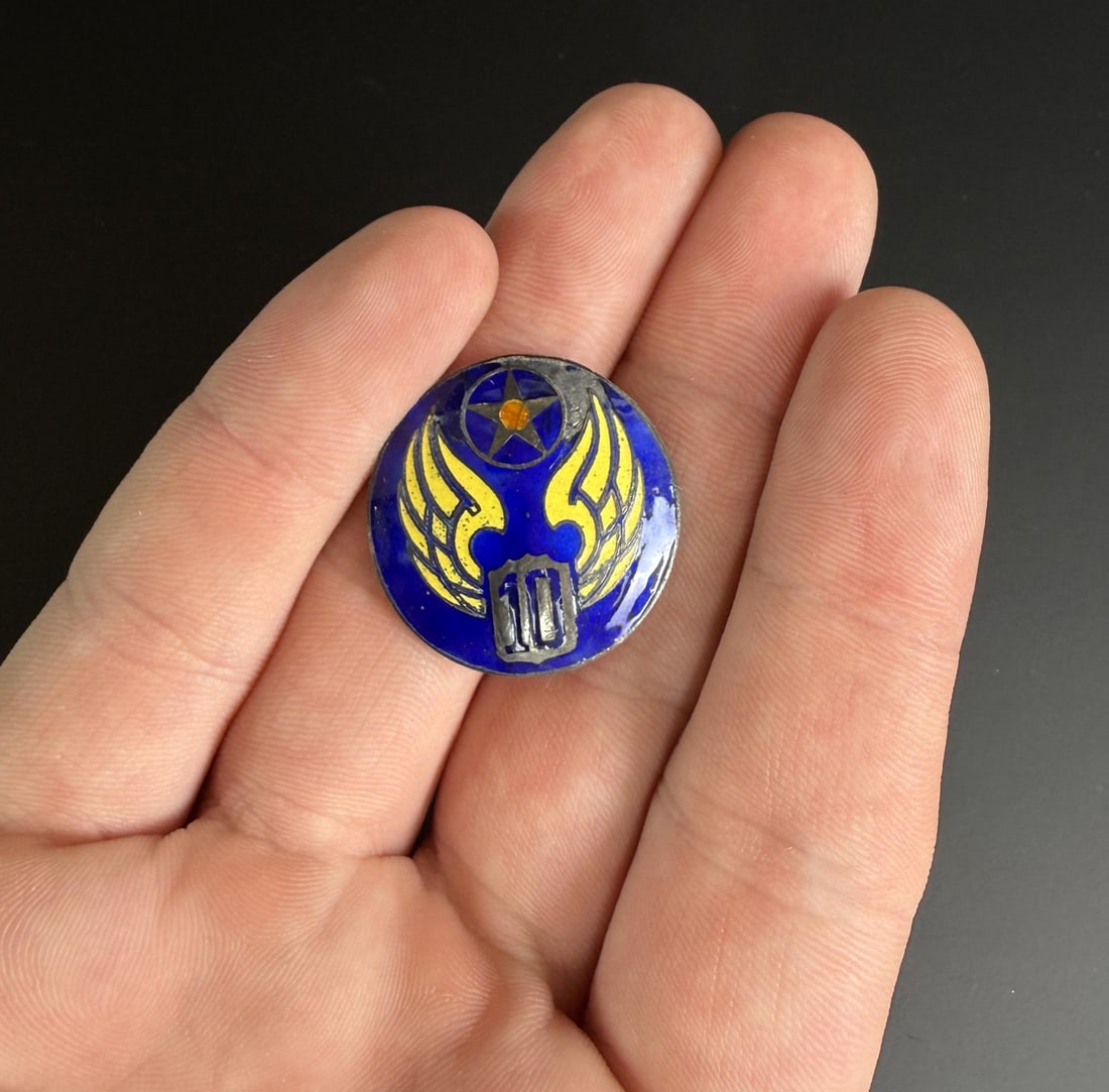 WW2 Sterling Silver 10th Air Force Insignia: 1" by 7/8". 3.7 grams.