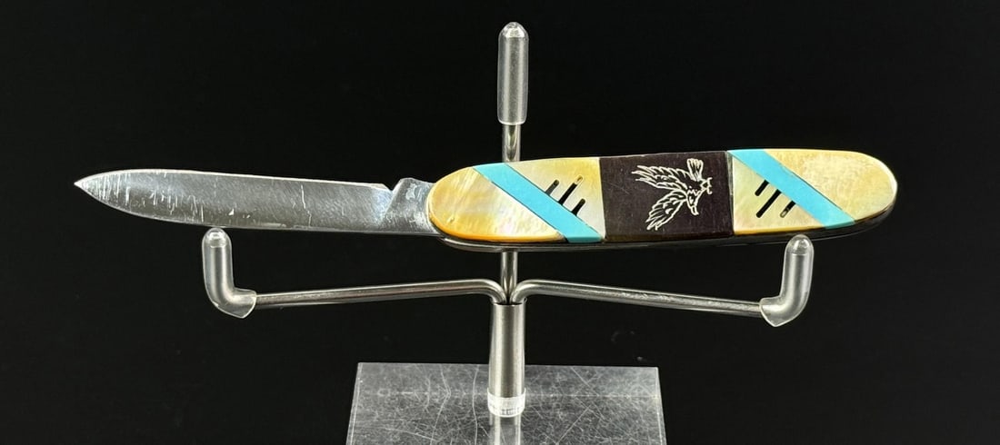 Turquoise Inlaid Eagle Pocket Knife: 2 7/8" long closed.