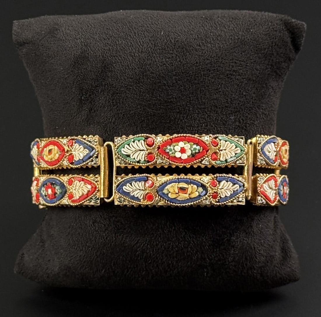 Italian Micro Mosaic Link Bracelet: 7 5/8" long open.