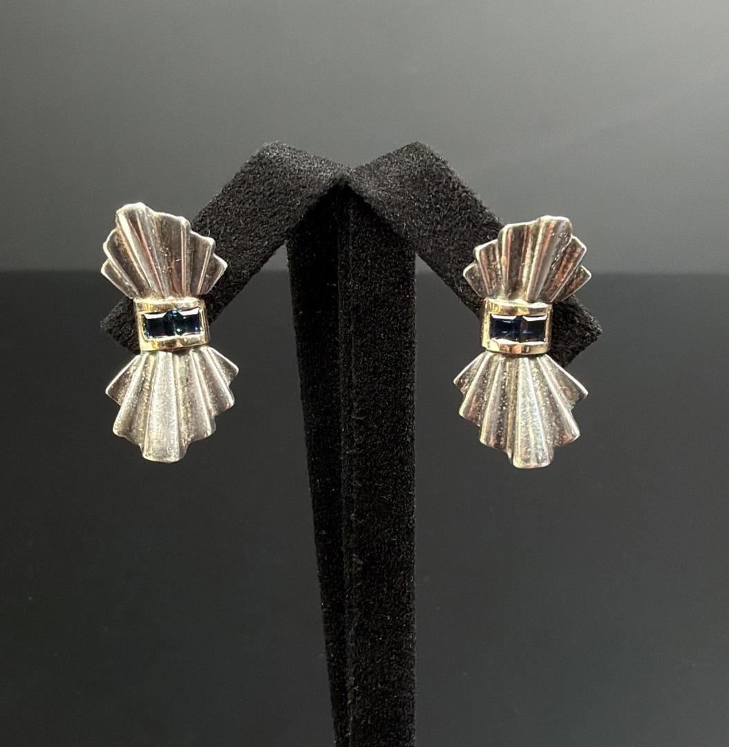 Tiffany & Co Sterling Silver Sapphire Bow Earrings: 7/8" long each. 14K gold accents. 4.82 grams total weight.