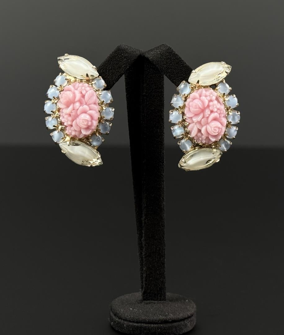Hobe Pink Floral Rhinestone Clip On Earrings: 1 1/4" long.