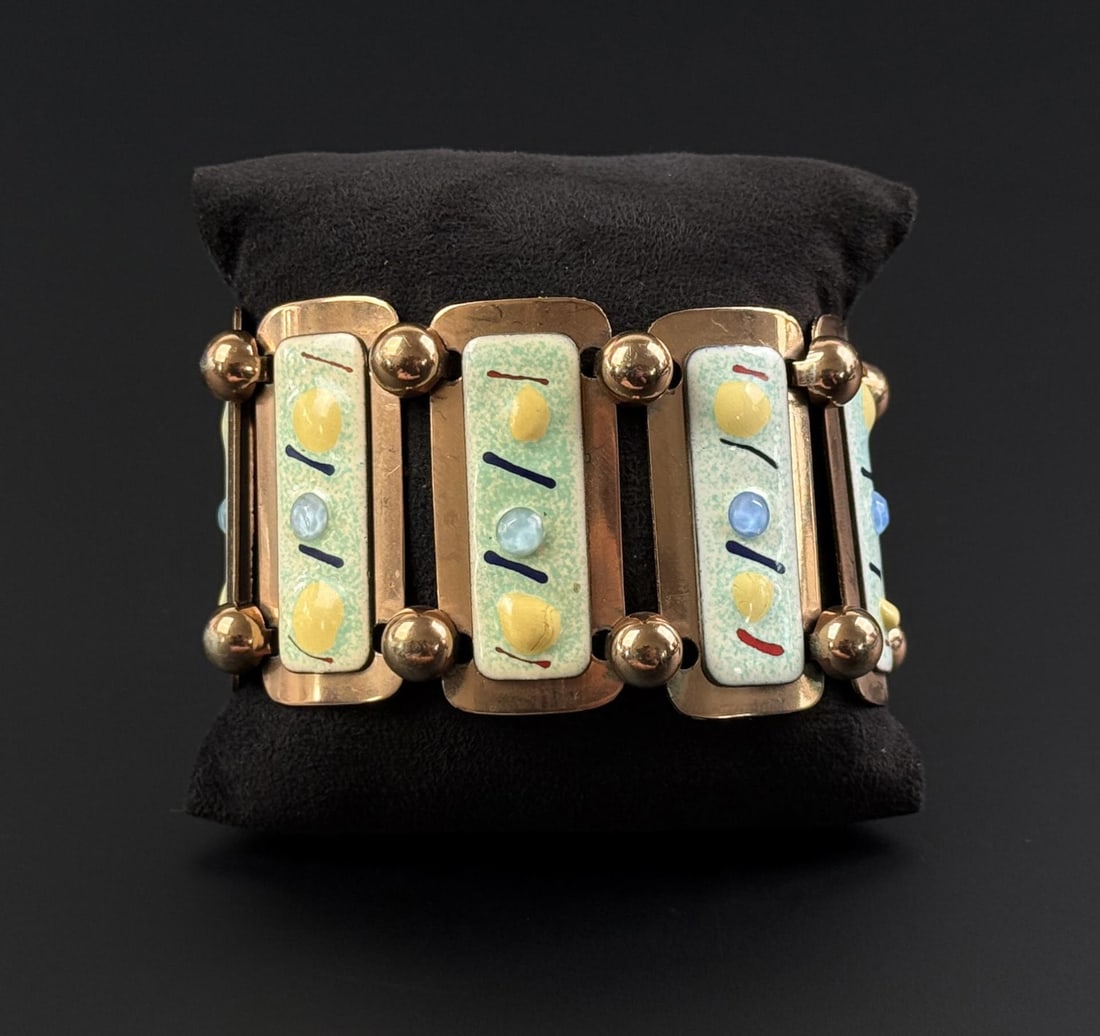 Copper and Enamel Link Bracelet: 7 1/2" open.