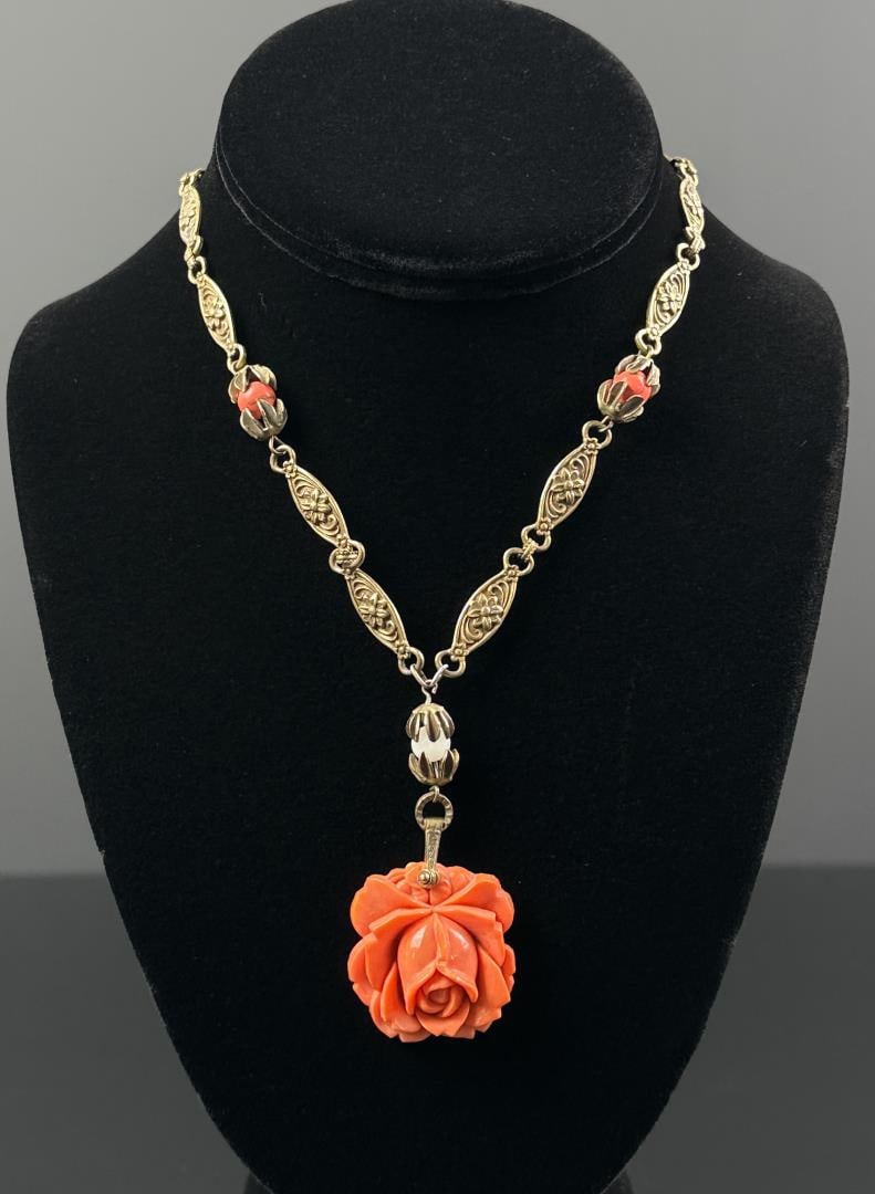 Art Deco Celluloid Coral Rose Necklace: 9 7/8" long as displayed.