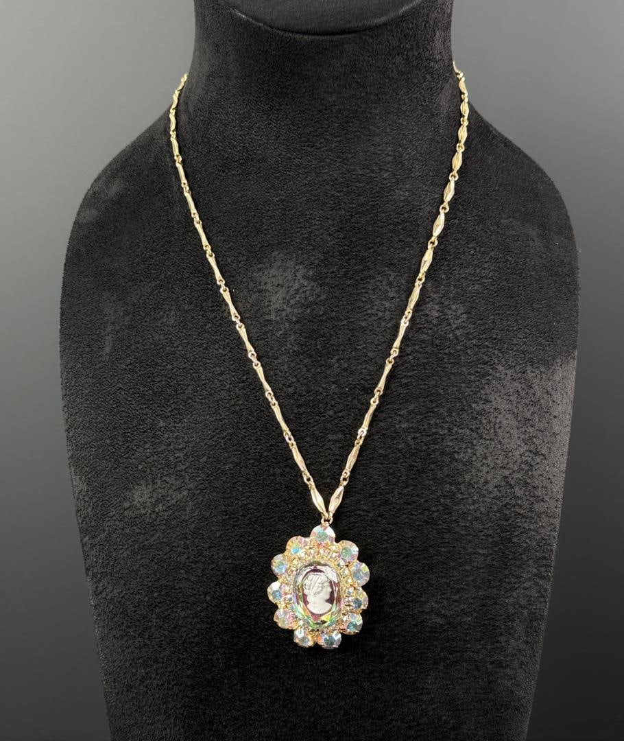 Juliana Rhinestone Cameo Portrait Necklace: 13 7/8" long. Can also be used as a brooch.