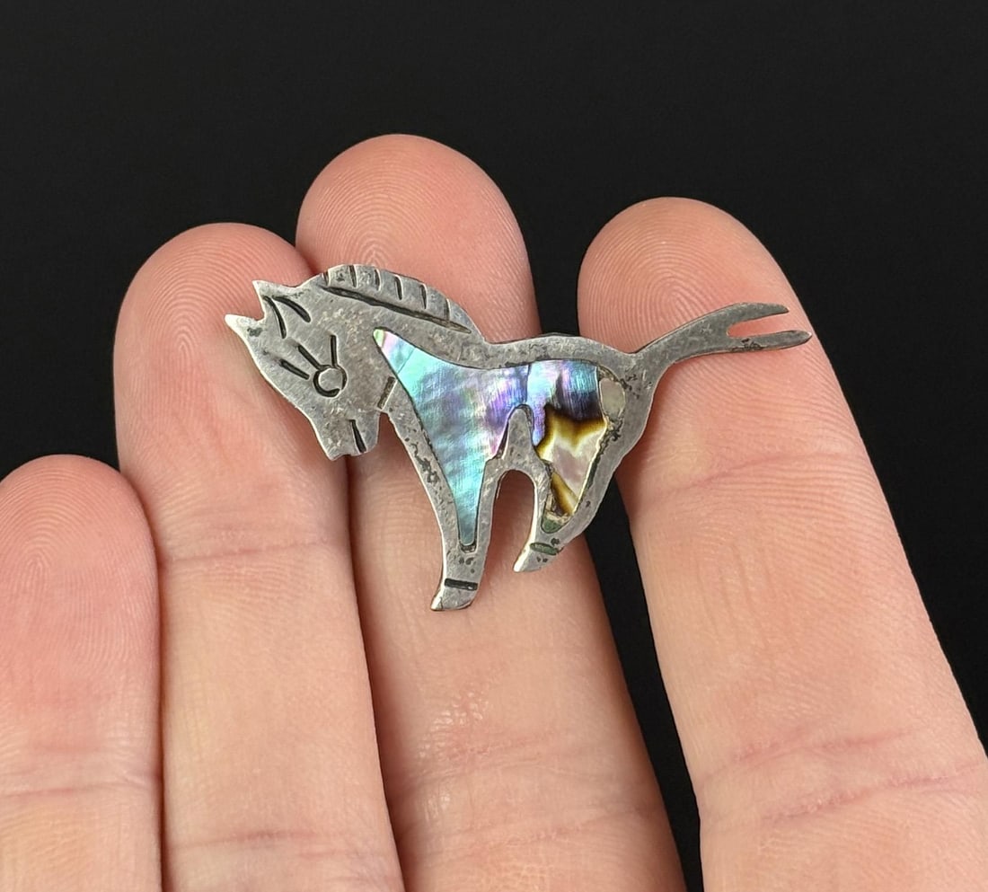 Taxco Mexico Sterling Silver Donkey Abalone Brooch: 1 1/2" by 7/8". 2.79 grams.