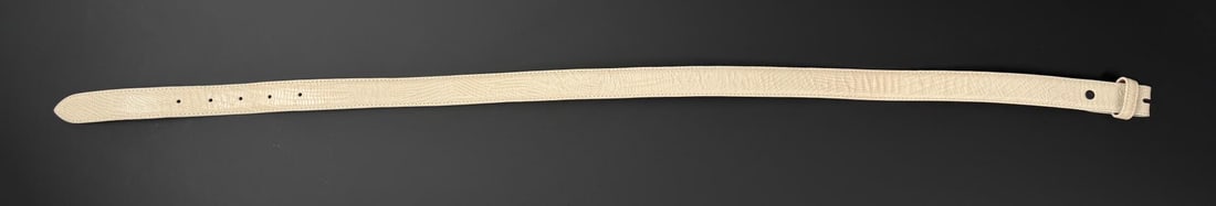 Jeff Degan Flemings White Lizard Belt: Size 30. Made in USA. Missing belt buckle. Brand is Flemings West End