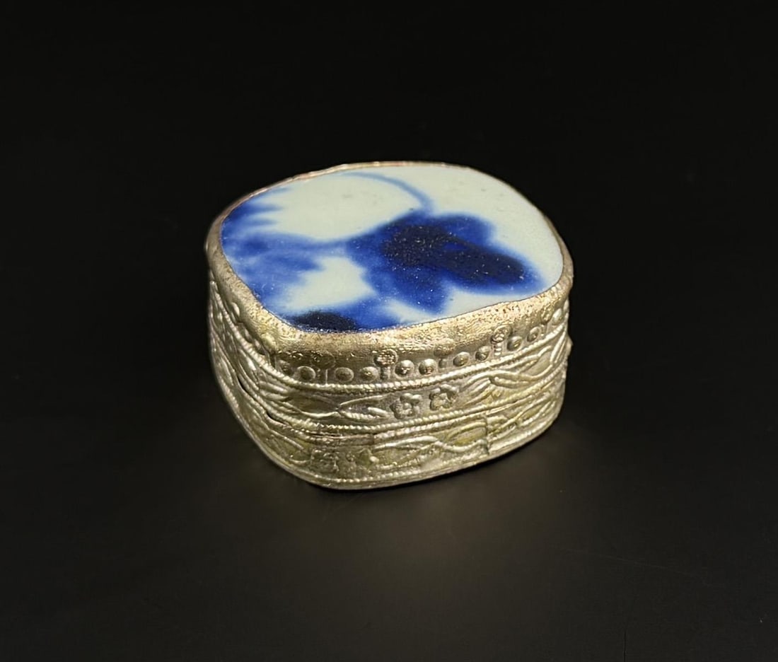 Chinese Pottery Shard Metal Trinket Box: 1 1/2" wide by 3/4" tall.