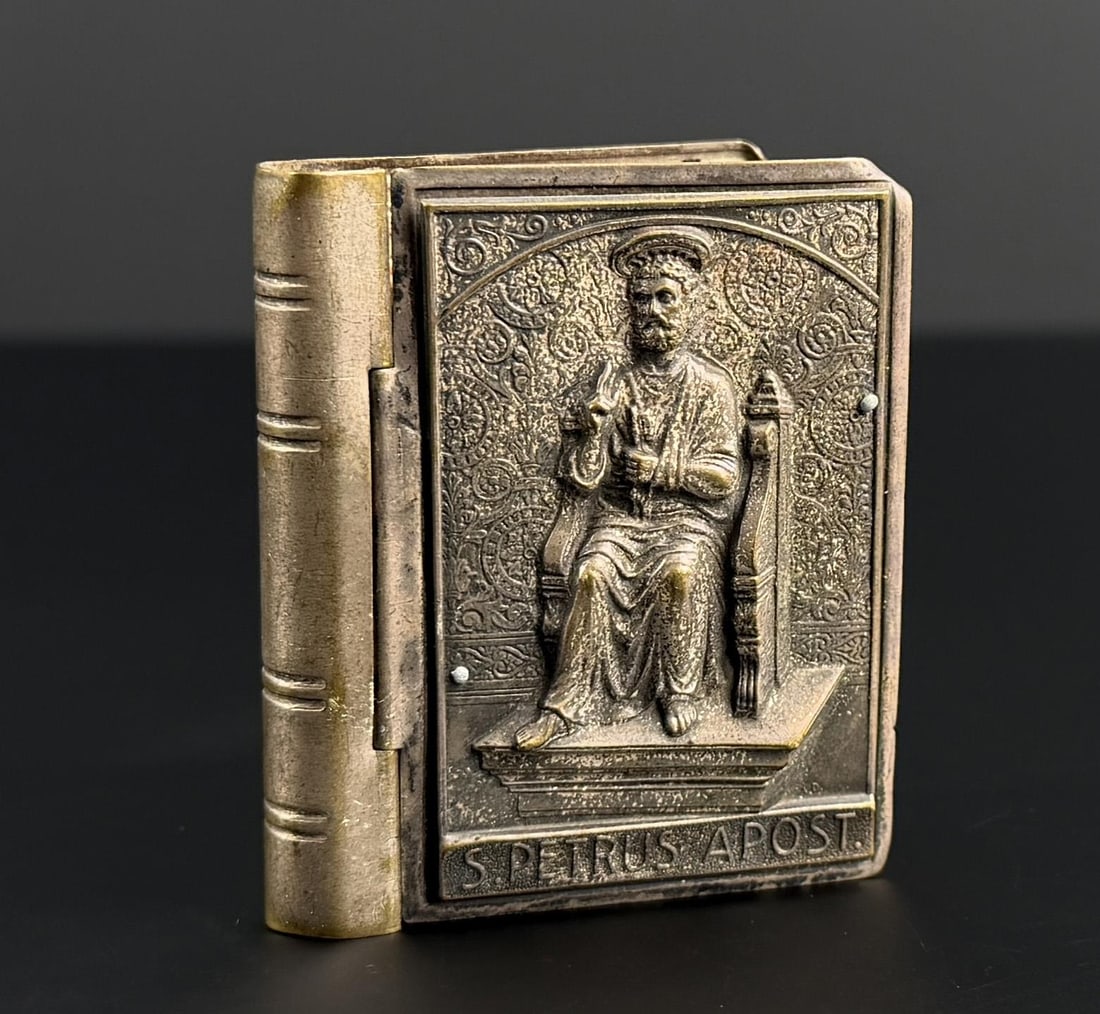 Miniature Catholic Rosary Box and Prayer Book: 2 1/2" by 1 7/8". The cover features a detailed relief of Saint Peter.