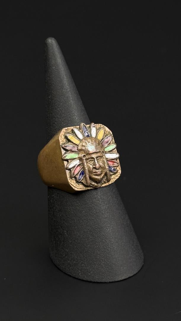 Vintage Aztec Motorcycle Biker Warrior Ring: Size 8. Signed as shown.