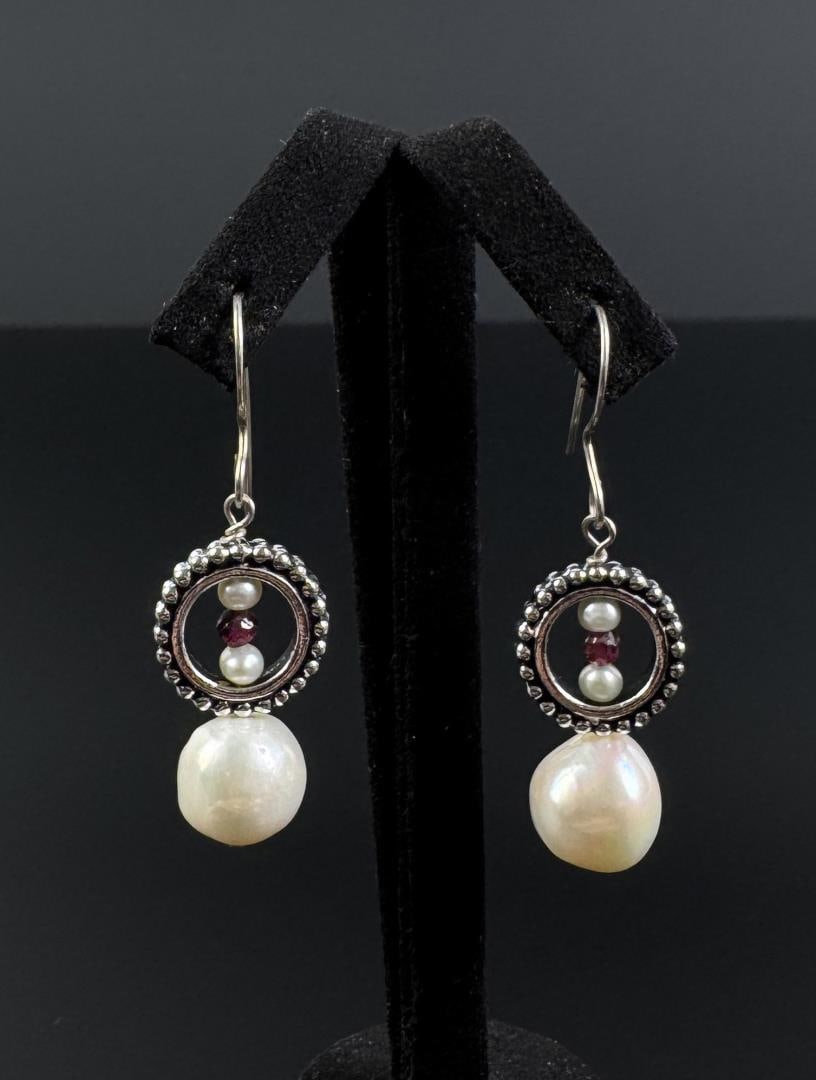Sterling Silver Pearl and Garnet Earrings (1 of 4)