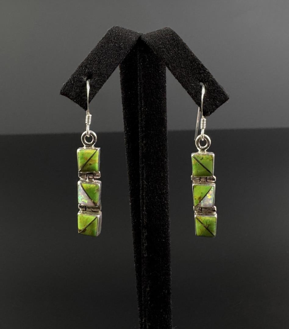 Zuni Sterling Opal Gaspeite Inlaid Earrings: 3.06 grams. 1" long.
