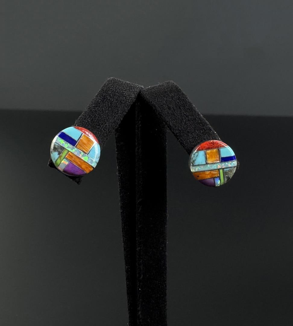Zuni Sterling Silver Inlaid Earrings: 2.38 grams. 3/8" diameter.