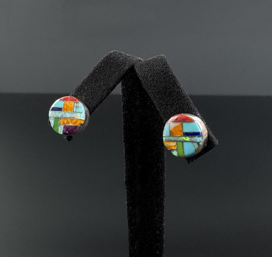 Zuni Sterling Silver Inlaid Earrings: 2.07 grams. 3/8" diameter.