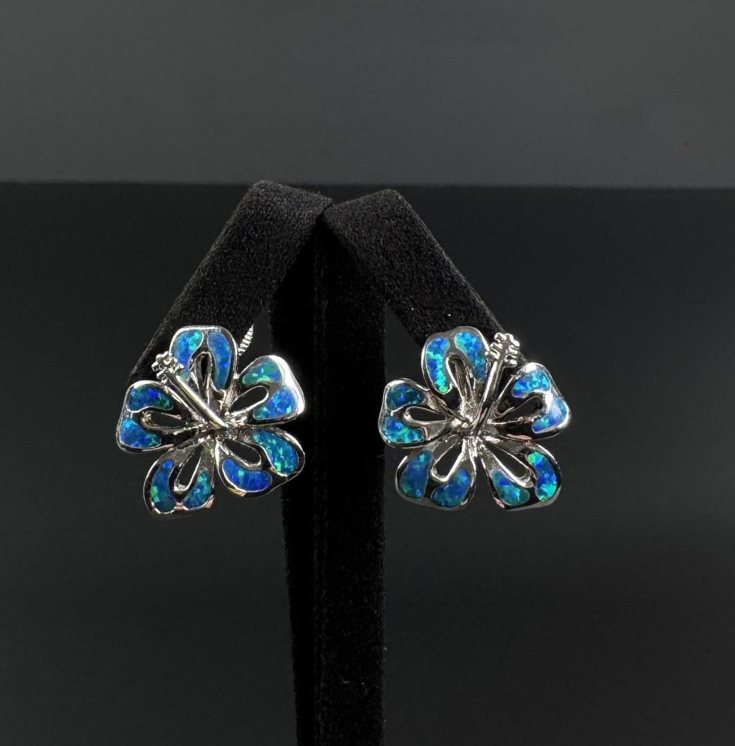 Sterling Silver Blue Opal Plumeria Earrings (1 of 5)
