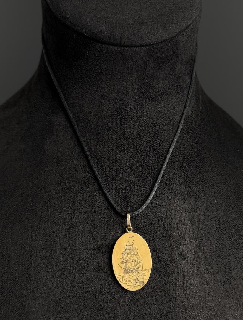 14k Gold Ivory Walrus Ivory Scrimshaw Necklace: 9 1/2" long as displayed. Native made prior to 1972. This item cannot be shipped to Oregon, California, Hawaii, New York, New Jersey, Internationally, or any other state that prohibits.