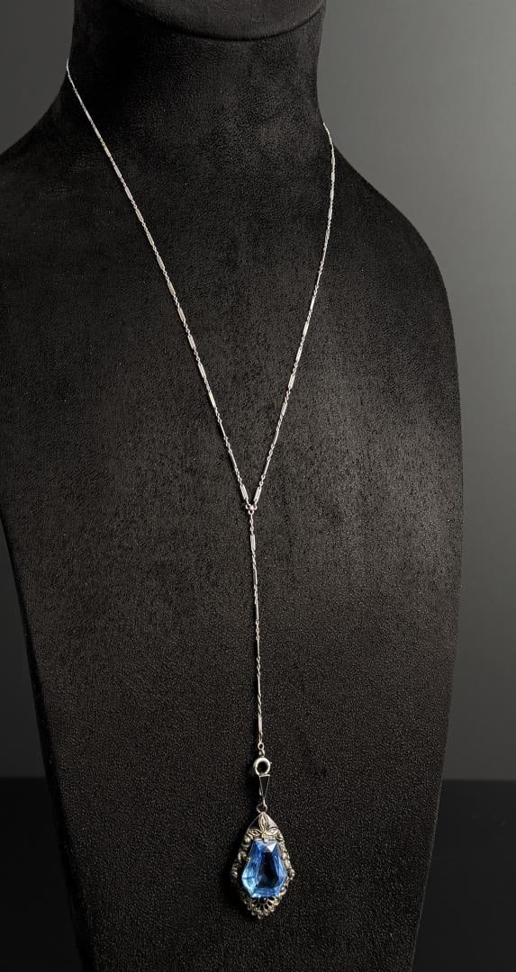 Art Deco Sterling Silver Paste Necklace: Pendant is marked .935. 17 1/2" long as displayed. 16.6 grams.