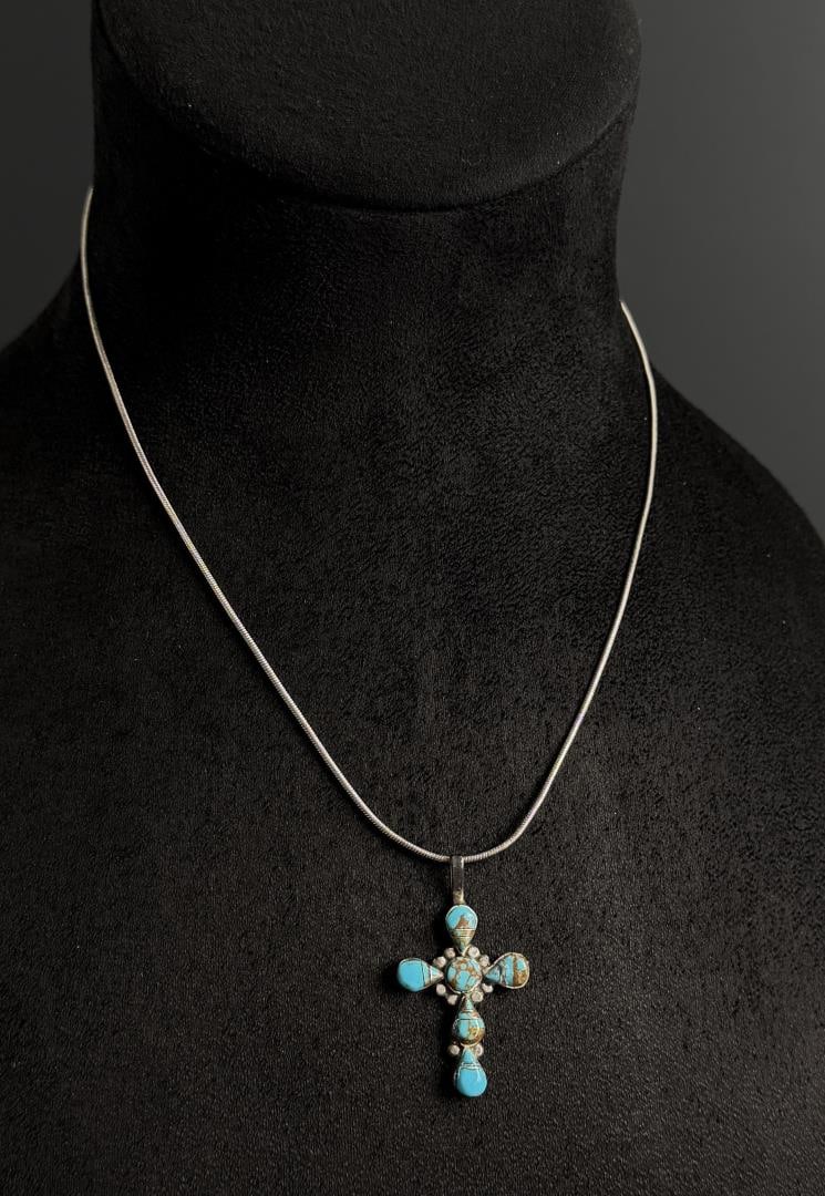 Navajo Sterling Silver Turquoise Cross Necklace: 11" long as displayed. 8.83 grams.