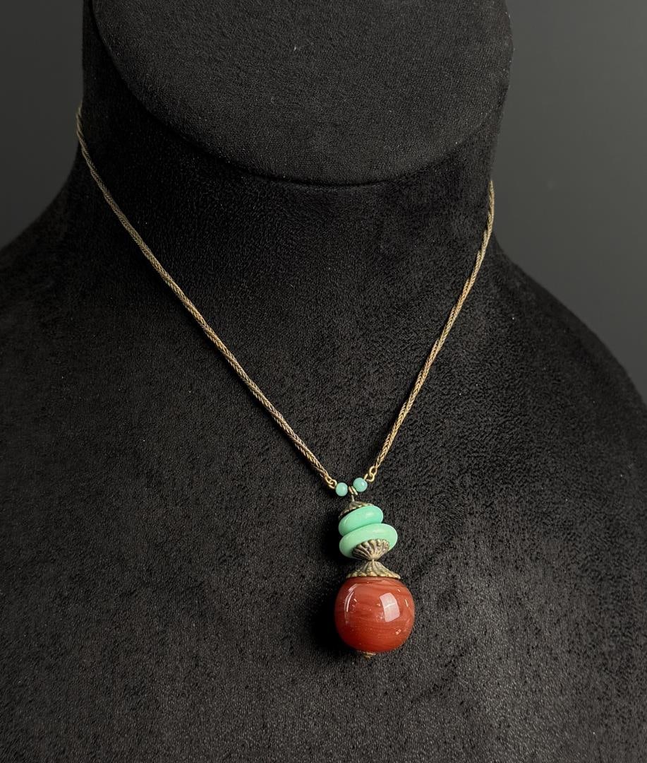 Chinese Carnelian and Turquoise Necklace: 9" long as displayed.